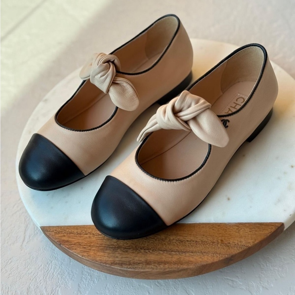 CHANEL Nude and Black Flats with Bow Mary Jane Strap 37
